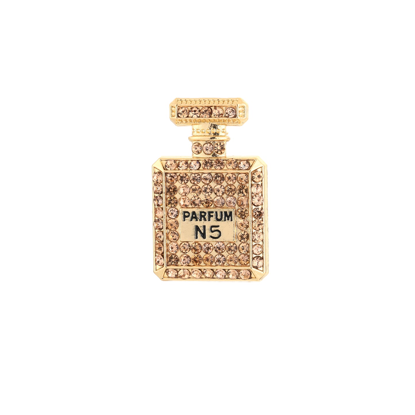 Gouden parfum N5 flesje broche met champagne strass steentjes 4,5cm