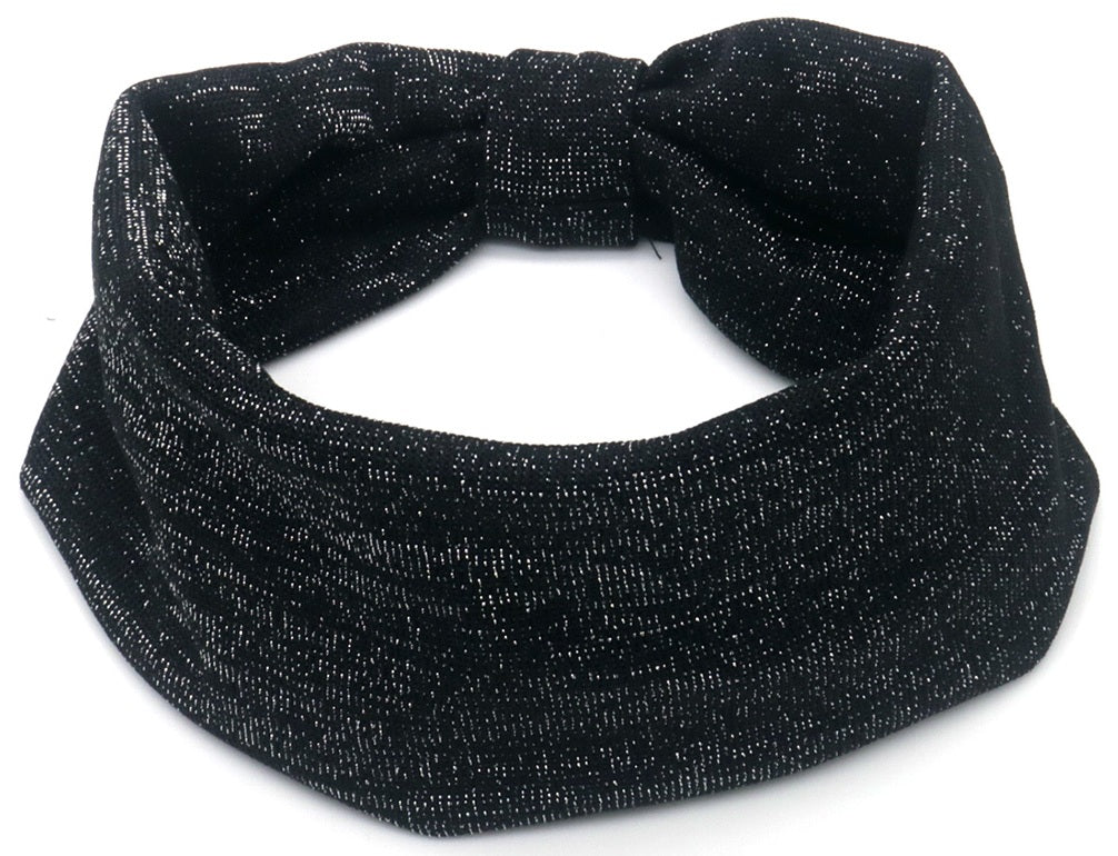 Elastische glitter haarband 8cm breed met strik zwart