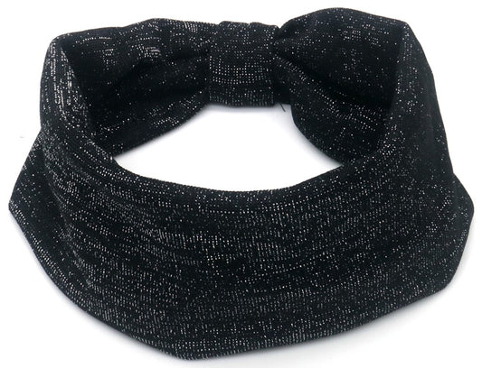 Elastische glitter haarband 8cm breed met strik zwart