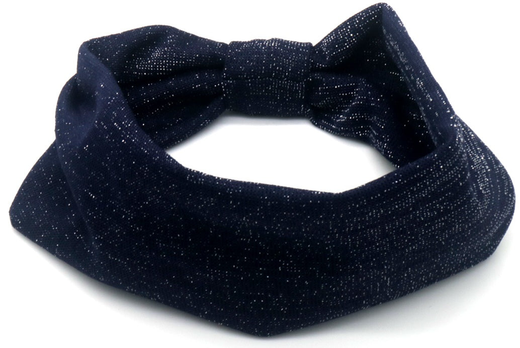 Elastische glitter haarband 8cm breed met strik blauw