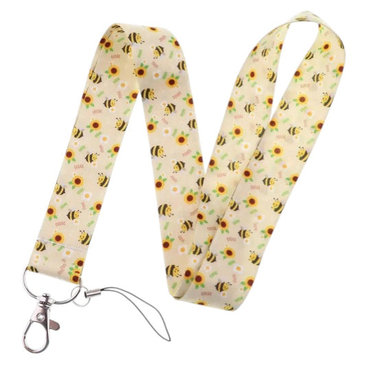 Gele keycord lanyard met bijtjes en zonnebloemen 45cm karabijnhaak