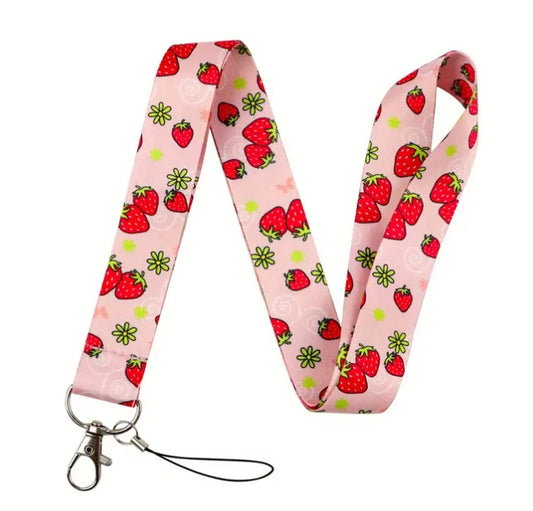 Roze keycord lanyard met aardbeien en bloemen 45cm karabijnhaak