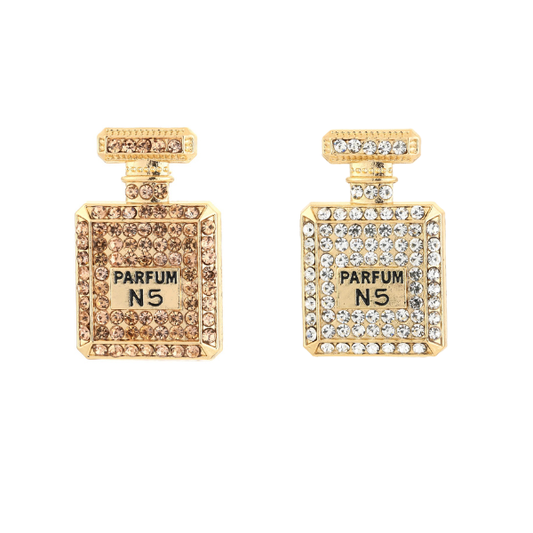 Gouden parfum N5 flesje broche met champagne of witte strass steentjes 4,5cm