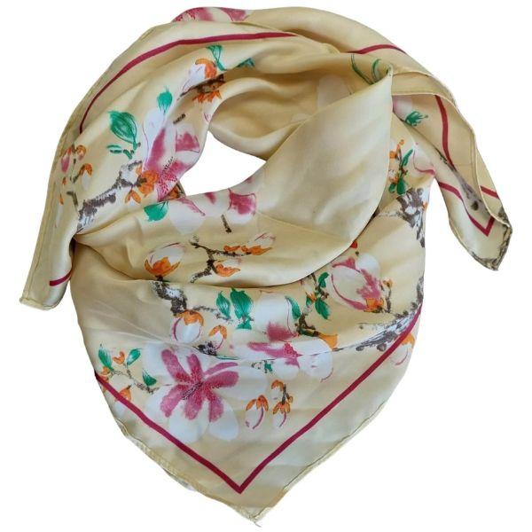 Silk Feel Sjaal - 70 x 70 cm Bloemenprint Beige