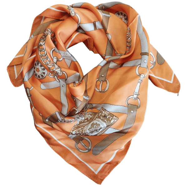 Silk feel sjaal 70x70cm riemen ketting print oranje wit grijs luxe vierkant veelzijdig hoofddoek tas accessoire