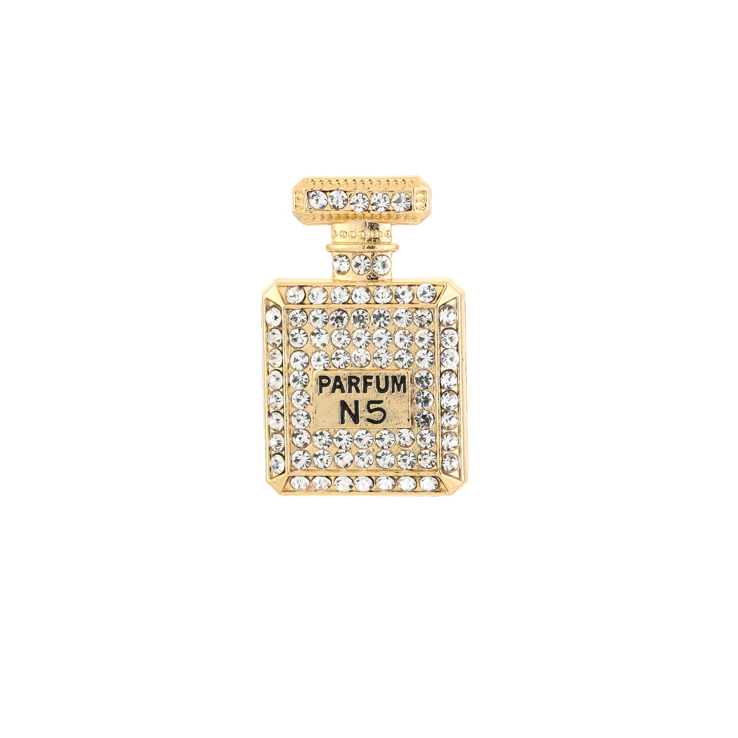 Gouden parfum N5 flesje broche met witte strass steentjes 4,5cm