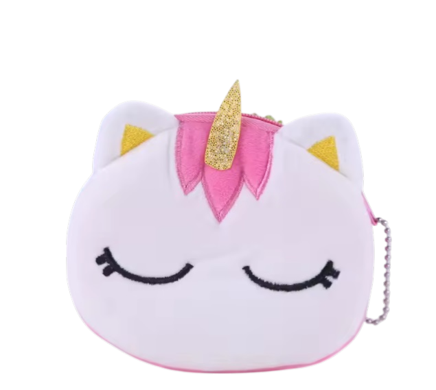 Eenhoorn portemonnee 10cm wit gezicht roze manen gouden hoorn zacht pluche ballchain ketting schattig