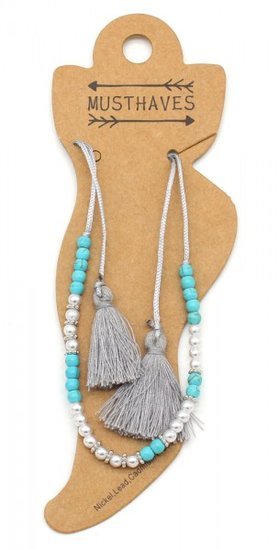 Enkelbandje tassels - turquoise/grijs - Medase