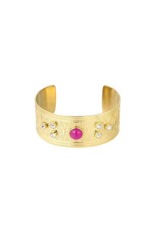 Goudkleurige Armband – Statement Cuff met Roze Steen en Kristallen - Medase
