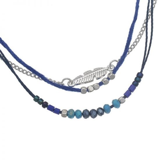 Ketting beads/feather - Blauw/Zilver - Medase