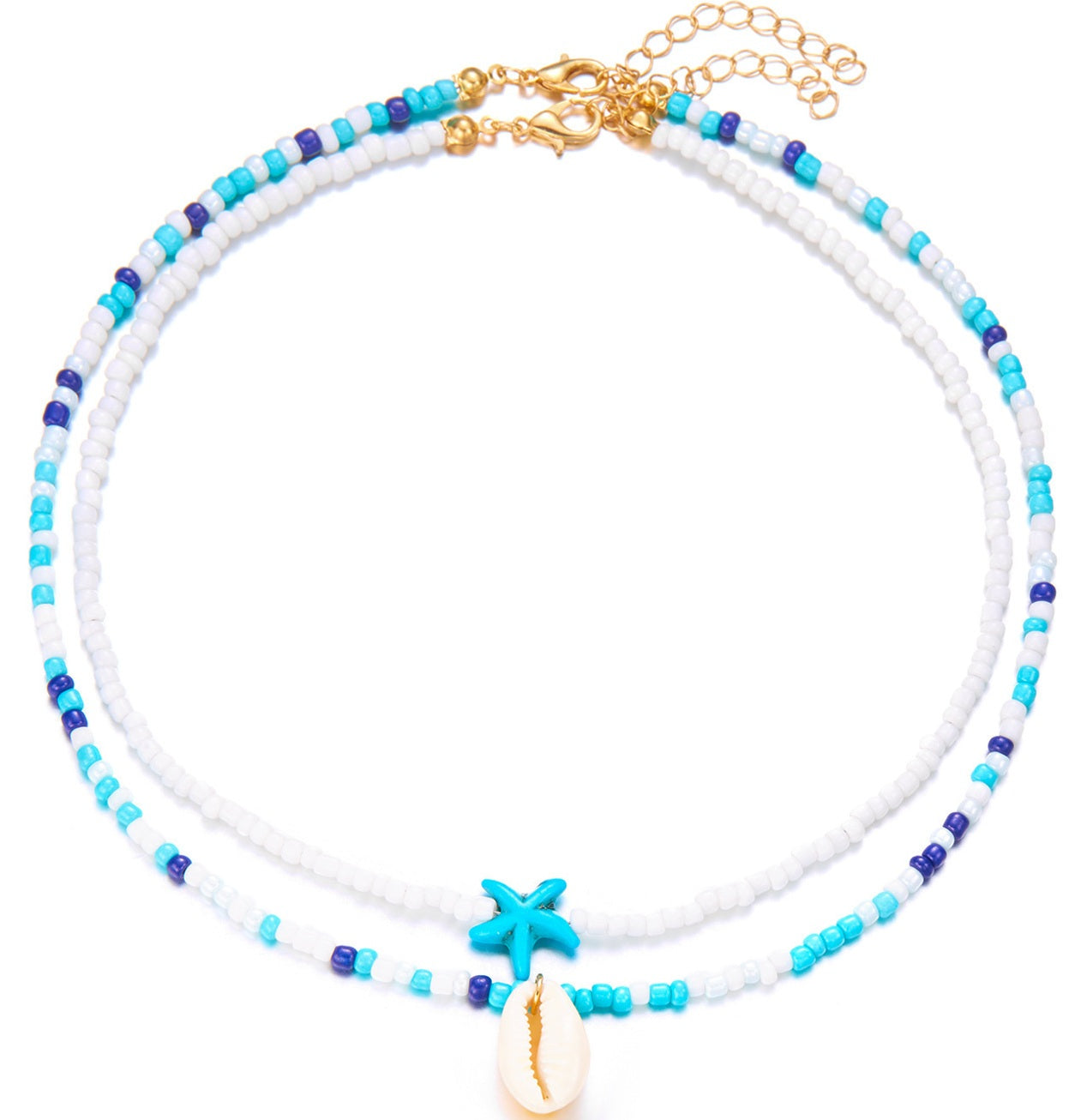 Set van 2 kettingen wit en blauw wit met zeester en schelp - Medase
