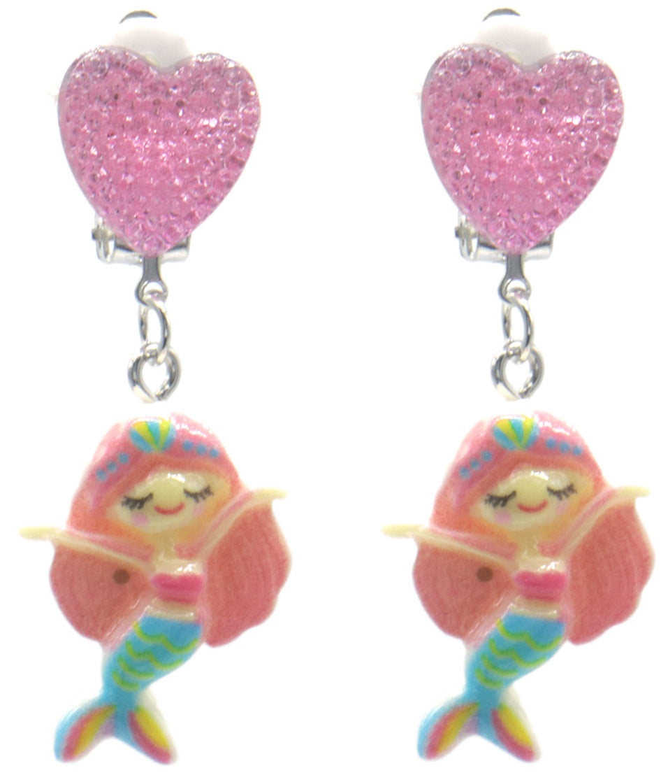 Kinder clip-on oorbellen zeemeermin met roze hart - Medase