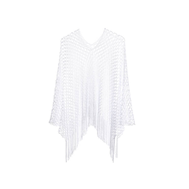 Lurex poncho wit met opengewerkt patroon en franjes