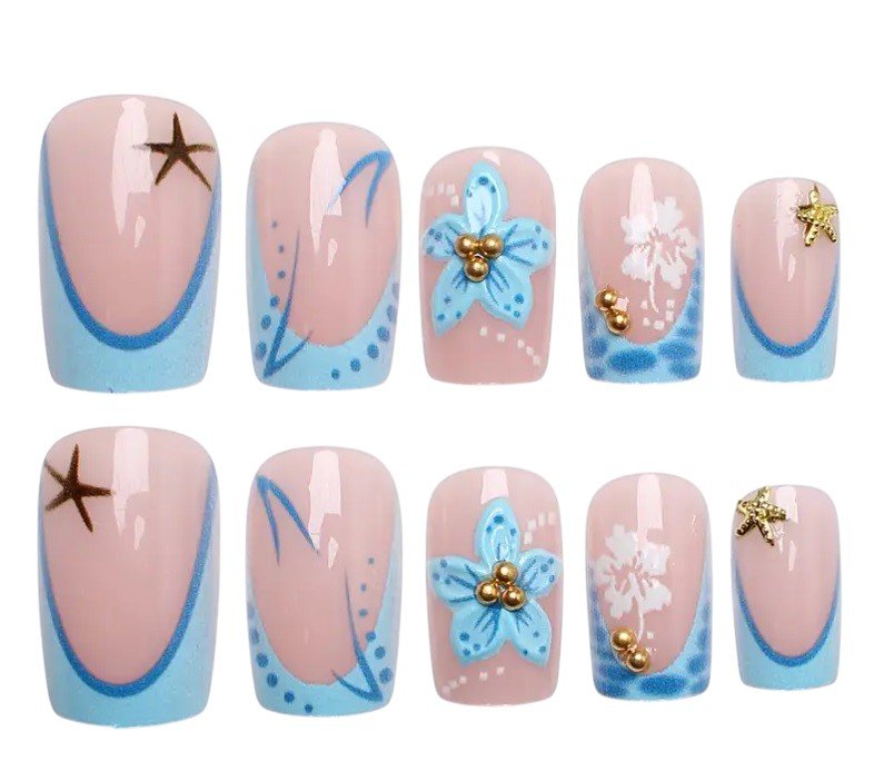Nepnagels – 24 Stuks – Blauw Roze met Bloemen – Inclusief Plakstrips - Medase