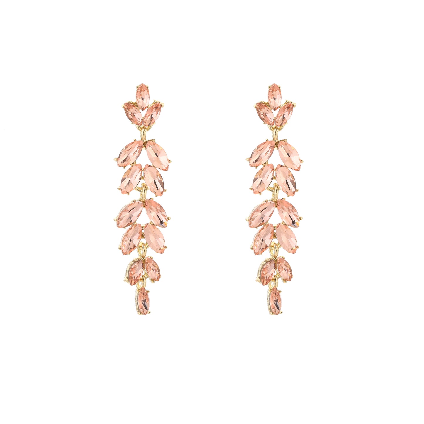 Statement oorbellen 7cm leaf cascade kristal marquise roze peach goud glamour bruiloft feestelijk lange oorbellen