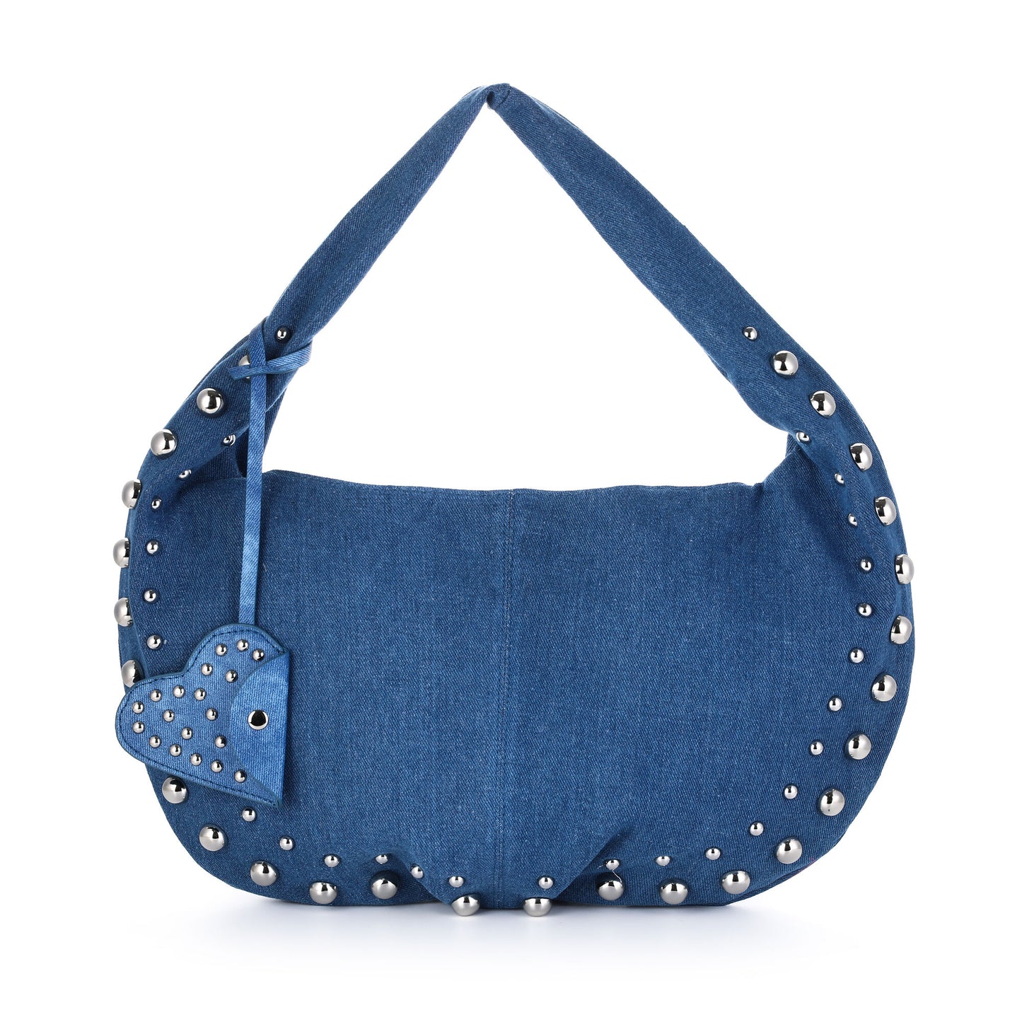 Stoffen tas 40x23cm blauw studs hartjes hanger drukker kort handvat stoer