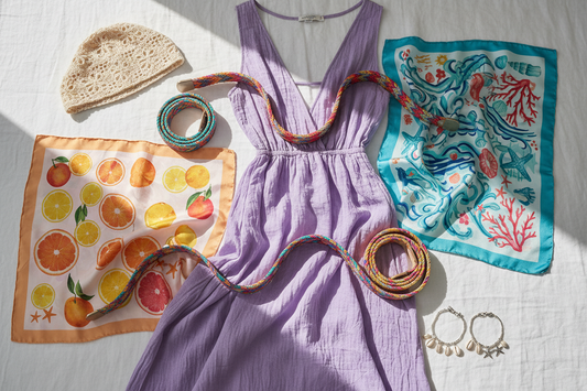Zomerse must-haves van Medase met accessoires, sjaaltjes en stranditems