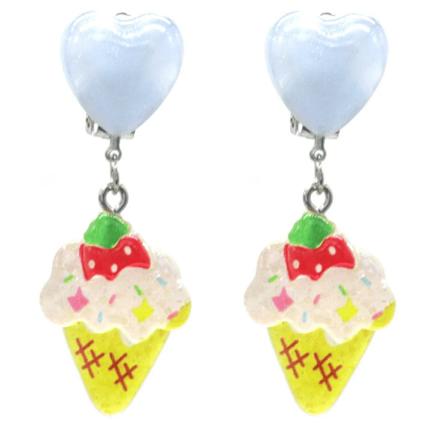 Clip-on oorbellen kinderen ijsje ice cream cone 5cm blauw hartje aardbei sprinkles kawaii kleurrijk geen gaatjes