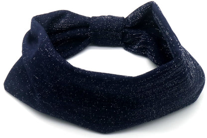 Elastische glitter haarband 8cm breed met strik blauw
