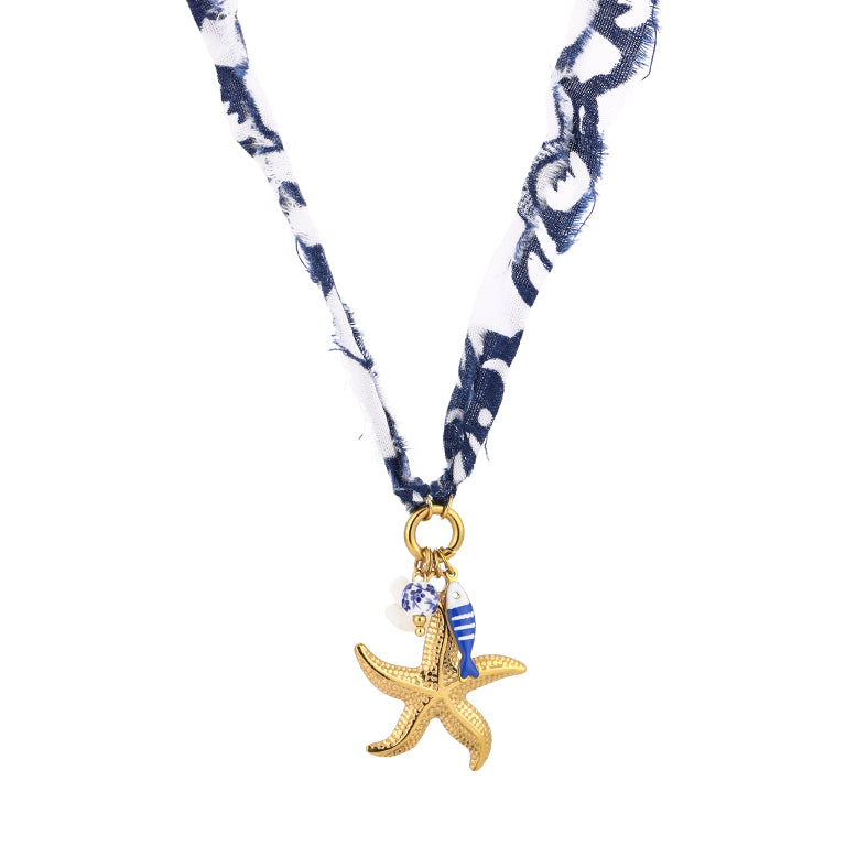 Blauw witte stoffen ketting met zeester bedel en goudkleurige details - Medase