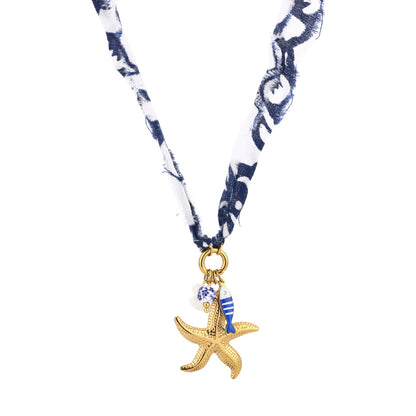 Blauw witte stoffen ketting met zeester bedel en goudkleurige details - Medase