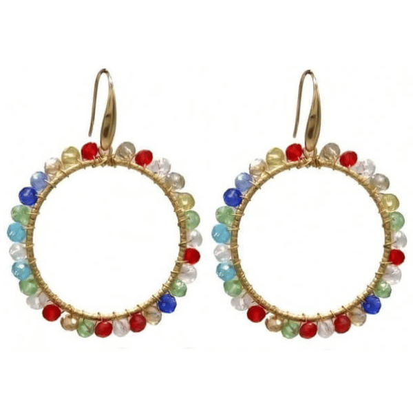 Oorbellen kralenring 5,5cm goudkleurig kleurrijk rood blauw groen turquoise wit kunststof kralen bohemian