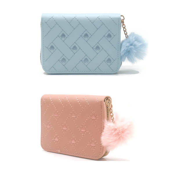 Wallet with Stitched Pattern and Pom-Pom - 12 x 9 cm PU Leather