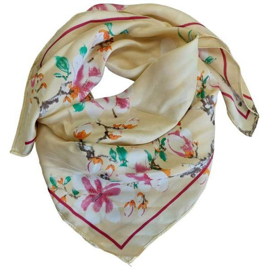 Silk Feel Sjaal - 70 x 70 cm Bloemenprint Beige