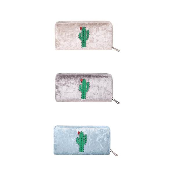 Velvet Purse with Cactus Embroidery - 19 x 10 cm Available in 3 Colours