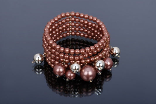 Brede elastische parel armband - Bruin/brons - Medase