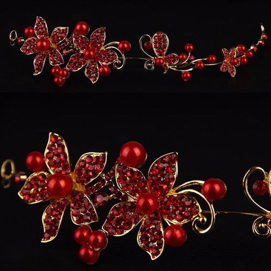 Buigbare tiara bloem met strass en parels goud/rood - Medase