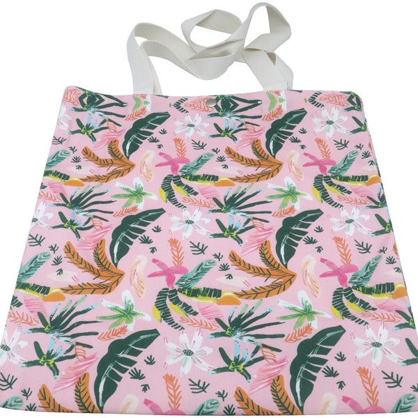 Roze canvas shopper 40 x 33 cm met tropische bladeren- en bloemenprint, witte hengsels en druksluiting