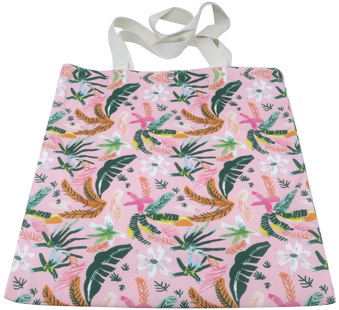 Roze canvas shopper 40 x 33 cm met tropische bladeren- en bloemenprint, witte hengsels en druksluiting