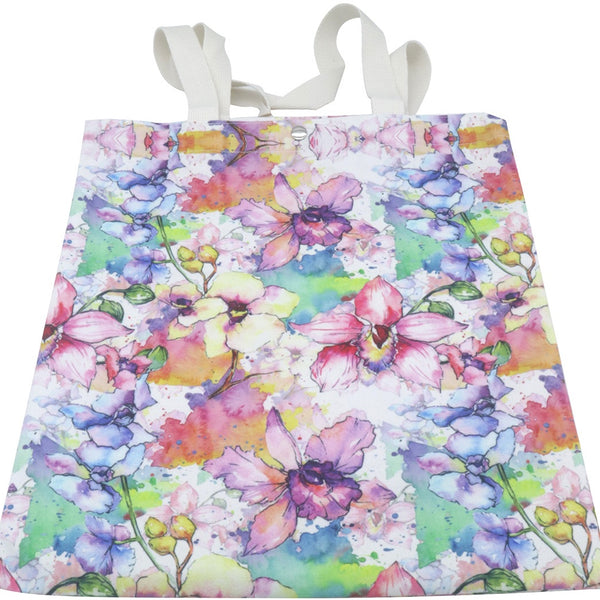 Canvas tas 40 x 33 cm met kleurrijke aquarel-bloemenprint, witte hengsels en druksluiting