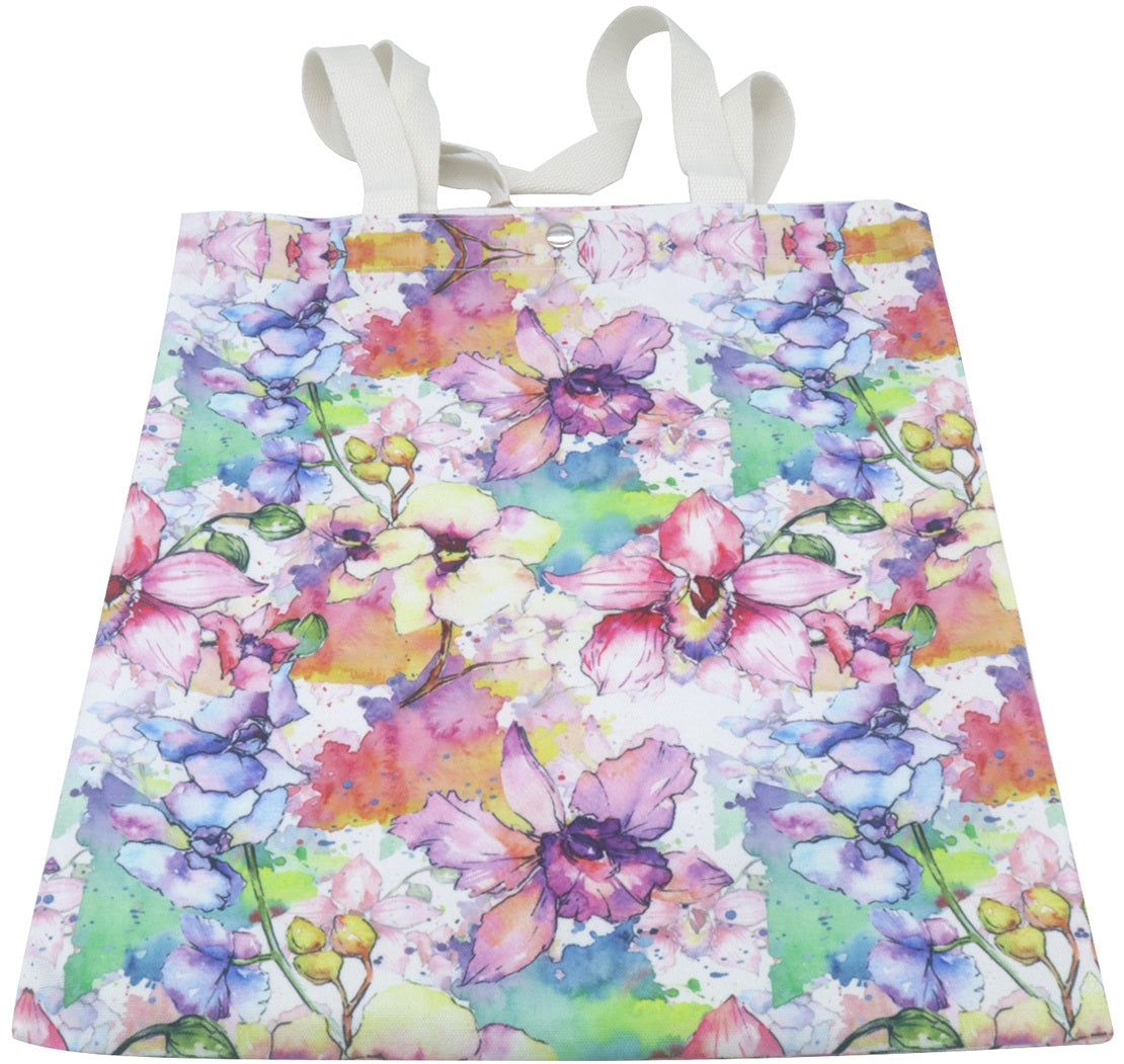 Canvas tas 40 x 33 cm met kleurrijke aquarel-bloemenprint, witte hengsels en druksluiting