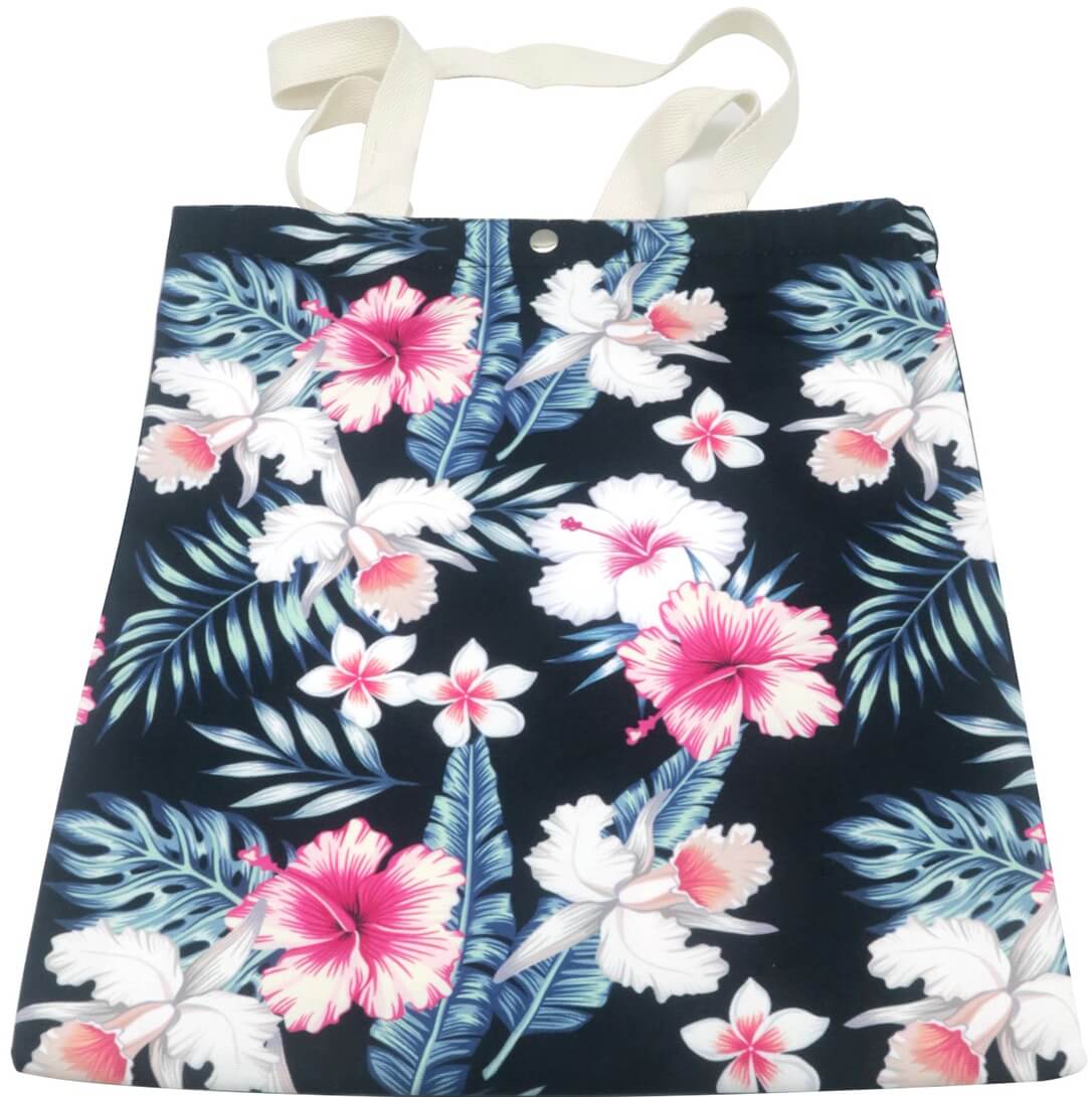 Canvas tas 40x33cm tropische bloemen print zwart roze hibiscus witte bloemen blauwe palmbladeren druksluiting herbruikbaar