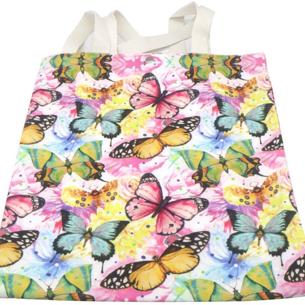 Canvas tas 40x33cm kleurrijke vlinders print roze geel blauw groen oranje witte hengsels druksluiting herbruikbaar