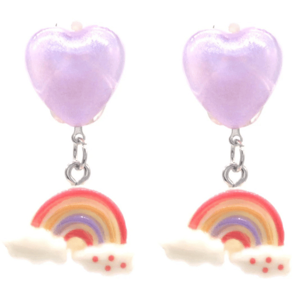 Clip-on oorbellen kinderen regenboog 5cm paars hartje wolkje pastel kleuren kawaii magisch geen gaatjes