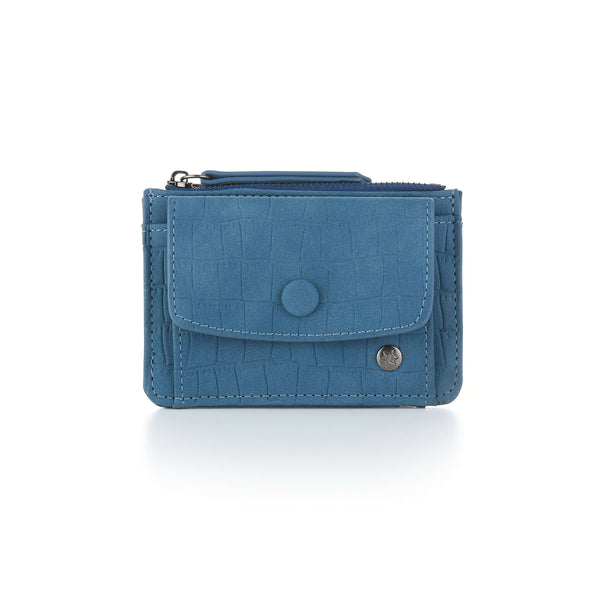 Compacte portemonnee 10x12cm PU leer blauw croco print sleutelring vakje drukknoop ritsvak pasjesvakjes