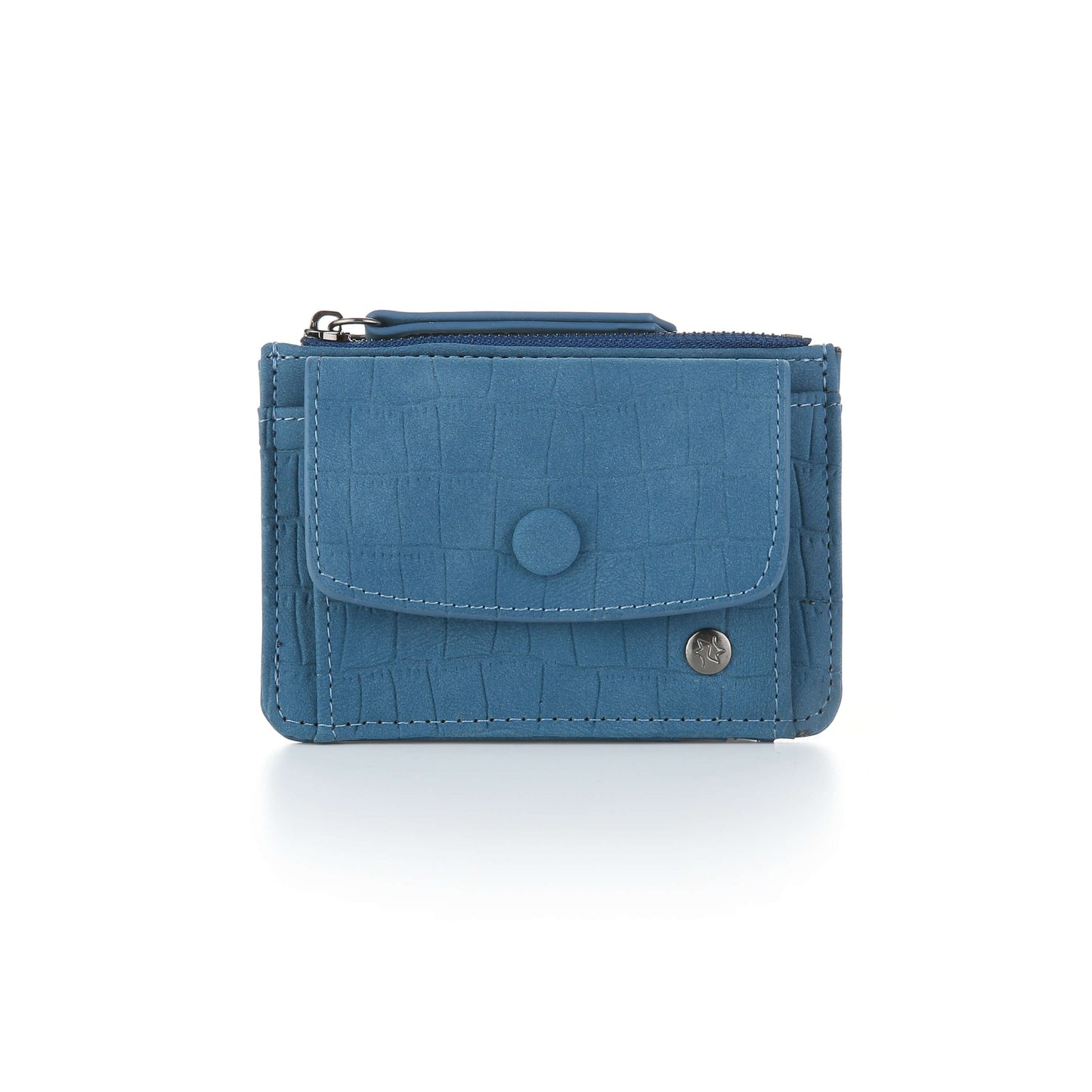 Compacte portemonnee 10x12cm PU leer blauw croco print sleutelring vakje drukknoop ritsvak pasjesvakjes