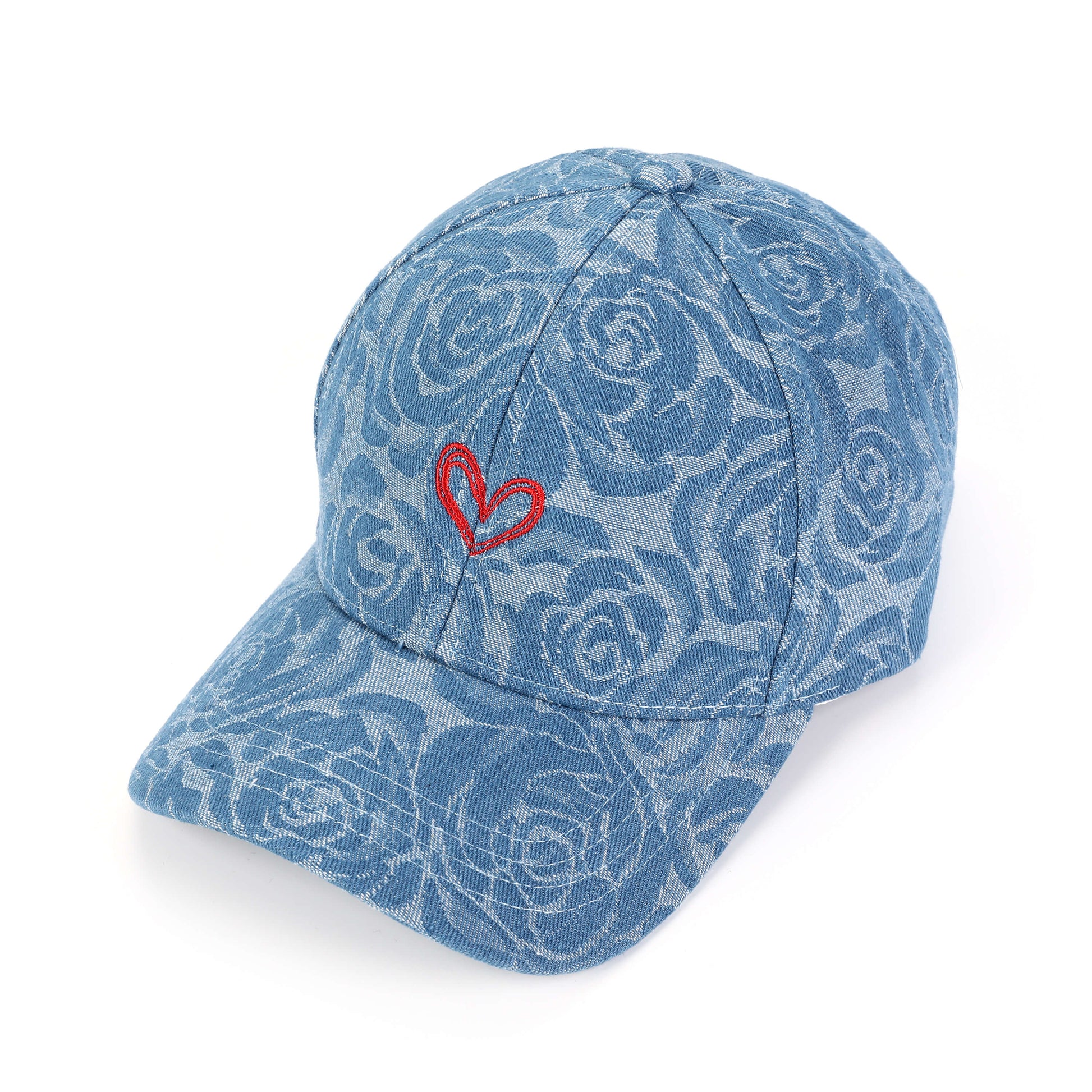 Denim pet rozen motief geborduurd hartje lichtblauw verstelbaar romantisch