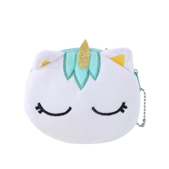 Eenhoorn portemonnee 10cm wit gezicht groen manen gouden hoorn zacht pluche ballchain ketting schattig
