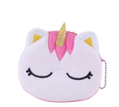 Eenhoorn portemonnee 10cm wit gezicht roze manen gouden hoorn zacht pluche ballchain ketting schattig