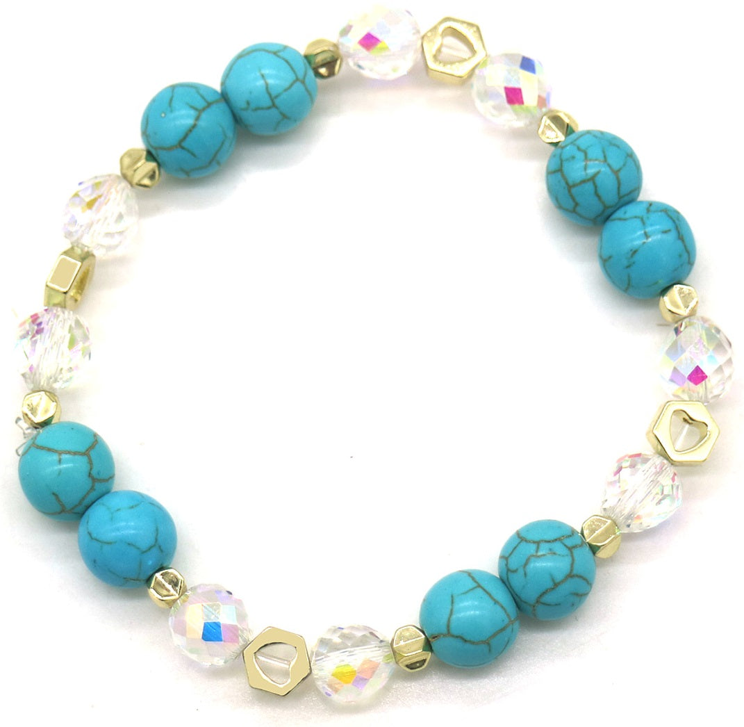 Elastische armband turquoise kralen kristal goudkleurig bohemian zomers hart bedel