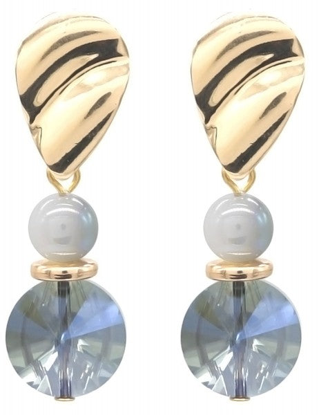 Elegante oorbellen goudkleurig 4,5cm blauw kristal hanger parelachtige kraal feestelijk