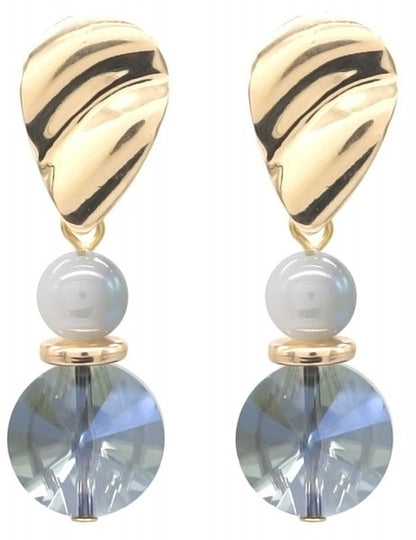 Elegante oorbellen goudkleurig 4,5cm blauw kristal hanger parelachtige kraal feestelijk