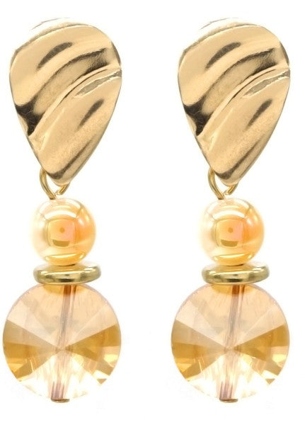 Elegante oorbellen goudkleurig 4,5cm champagne kristal hanger parelachtige kraal feestelijk