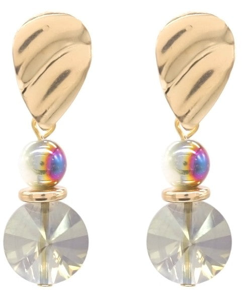 Elegante oorbellen goudkleurig 4,5cm regenboog kristal hanger parelachtige kraal feestelijk