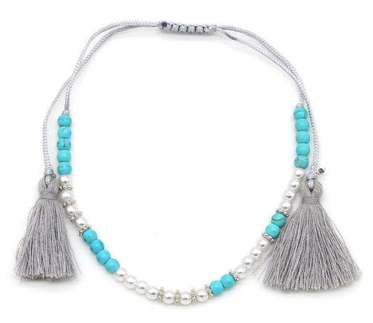 Enkelbandje tassels - turquoise/grijs - Medase