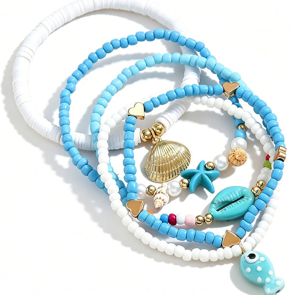Elastische enkelbandjes met zeester schelp en vis bedel